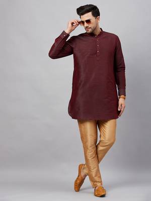 Wine And Rose Gold Cotton Blend Kurta Pyjama Set 1