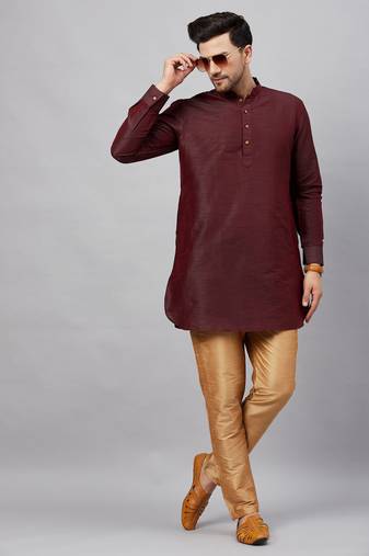 Men'S Wine And Rose Gold Cotton Blend Kurta Pyjama Set