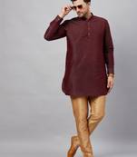 Men'S Wine And Rose Gold Cotton Blend Kurta Pyjama Set
