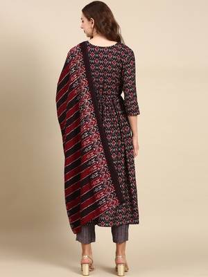 women's round neck ethnic motifs foil print purple anarkali kurta and trouser with dupatta 4