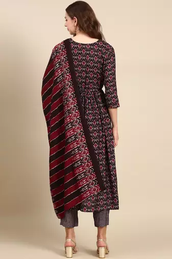 women's round neck ethnic motifs foil print purple anarkali kurta and trouser with dupatta