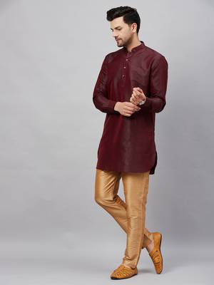 Wine And Rose Gold Cotton Blend Kurta Pyjama Set 2