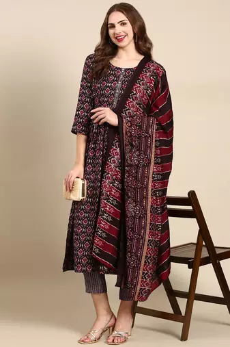 women's round neck ethnic motifs foil print purple anarkali kurta and trouser with dupatta