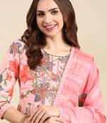 women's round neck floral coral anarkali kurta and trouser with dupatta
