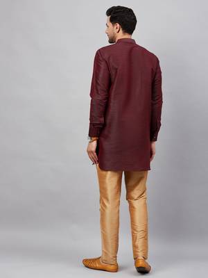 Wine And Rose Gold Cotton Blend Kurta Pyjama Set 3