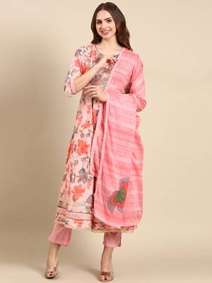 women's round neck floral coral anarkali kurta and trouser with dupatta 2