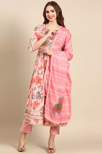 women's round neck floral coral anarkali kurta and trouser with dupatta