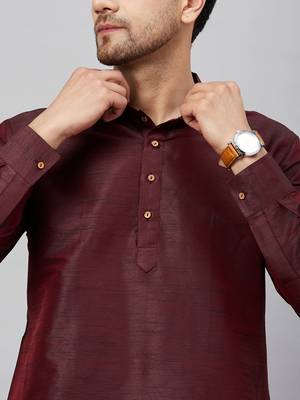 Wine And Rose Gold Cotton Blend Kurta Pyjama Set 4