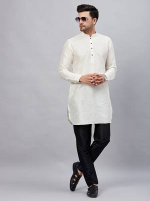 Cream And Black Cotton Blend Kurta Pyjama Set 1