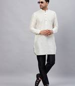 Cream And Black Cotton Blend Kurta Pyjama Set