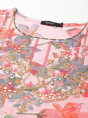 women's round neck floral coral anarkali kurta and trouser with dupatta 3