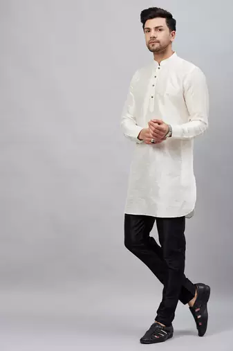 Cream And Black Cotton Blend Kurta Pyjama Set