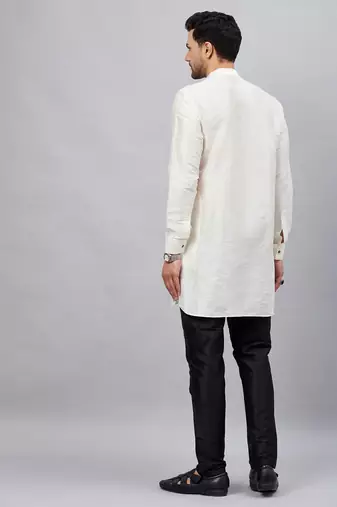 Cream And Black Cotton Blend Kurta Pyjama Set