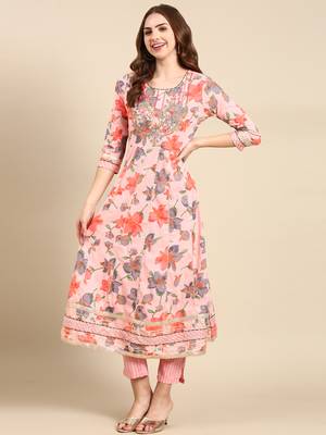 women's round neck floral coral anarkali kurta and trouser with dupatta 4