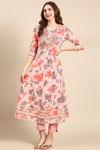 women's round neck floral coral anarkali kurta and trouser with dupatta