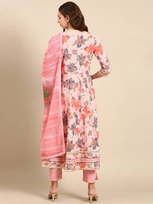 women's round neck floral coral anarkali kurta and trouser with dupatta 5