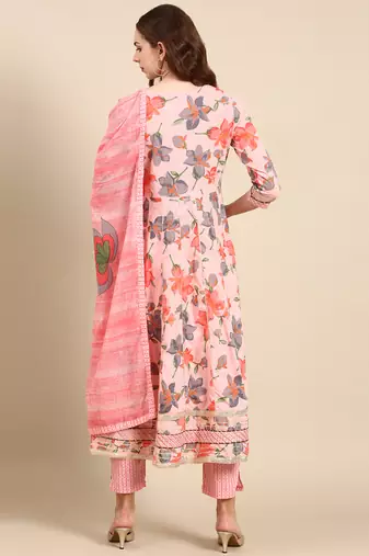women's round neck floral coral anarkali kurta and trouser with dupatta