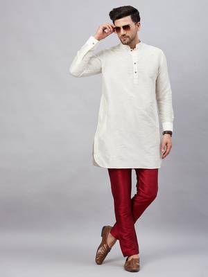 Cream And Maroon Cotton Blend Kurta Pyjama Set 1