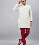 Cream And Maroon Cotton Blend Kurta Pyjama Set