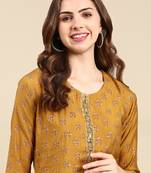 women's round neck ethnic motifs foil print gold straight kurta and trouser