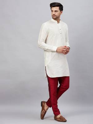 Cream And Maroon Cotton Blend Kurta Pyjama Set 2