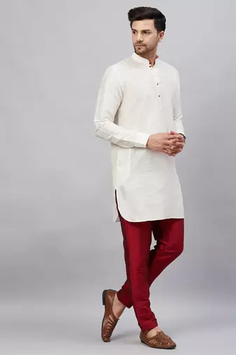 Cream And Maroon Cotton Blend Kurta Pyjama Set