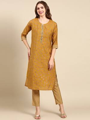 women's round neck ethnic motifs foil print gold straight kurta and trouser 2