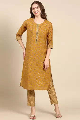 women's round neck ethnic motifs foil print gold straight kurta and trouser