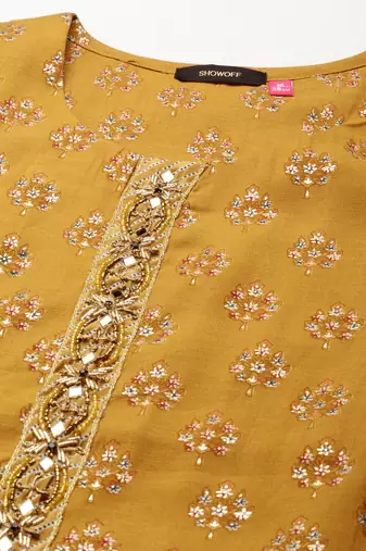 women's round neck ethnic motifs foil print gold straight kurta and trouser