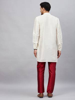 Cream And Maroon Cotton Blend Kurta Pyjama Set 3