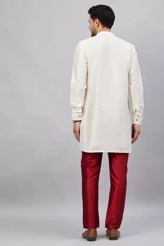 Cream And Maroon Cotton Blend Kurta Pyjama Set