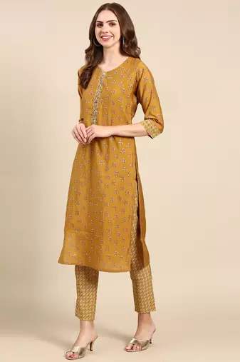 women's round neck ethnic motifs foil print gold straight kurta and trouser
