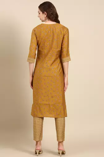 women's round neck ethnic motifs foil print gold straight kurta and trouser