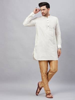 Cream And Rose Gold Cotton Blend Kurta Pyjama Set 1
