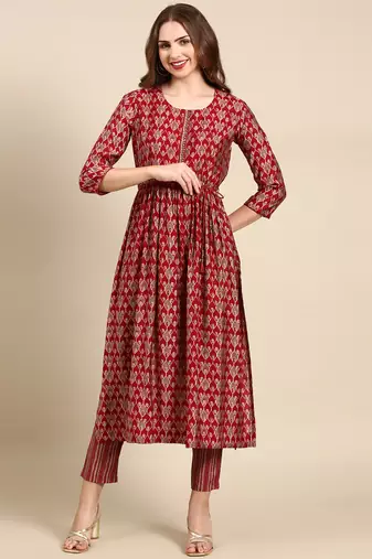 women's round neck ethnic motifs foil print maroon straight kurta and trouser