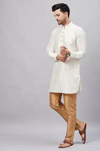 Cream And Rose Gold Cotton Blend Kurta Pyjama Set