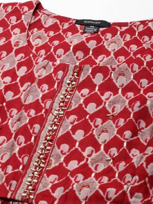 women's round neck ethnic motifs foil print maroon straight kurta and trouser 3