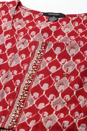 women's round neck ethnic motifs foil print maroon straight kurta and trouser