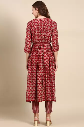 women's round neck ethnic motifs foil print maroon straight kurta and trouser