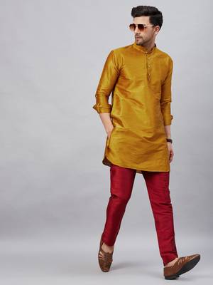 Mustard And Maroon Cotton Blend Kurta Pyjama Set 1