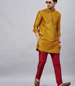 Men'S Mustard And Maroon Cotton Blend Kurta Pyjama Set