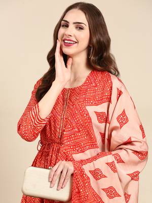 women's round neck bandhani orange anarkali kurta and trouser with dupatta 2