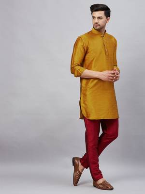 Mustard And Maroon Cotton Blend Kurta Pyjama Set 2