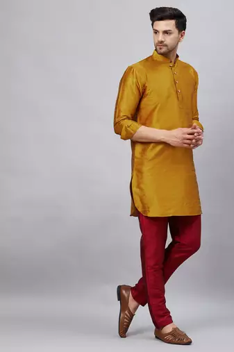 Mustard And Maroon Cotton Blend Kurta Pyjama Set