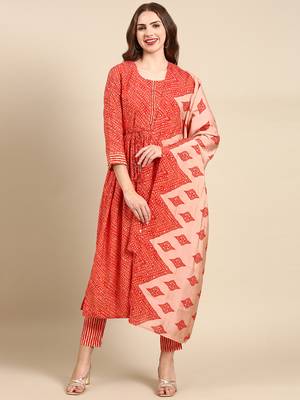 women's round neck bandhani orange anarkali kurta and trouser with dupatta 1