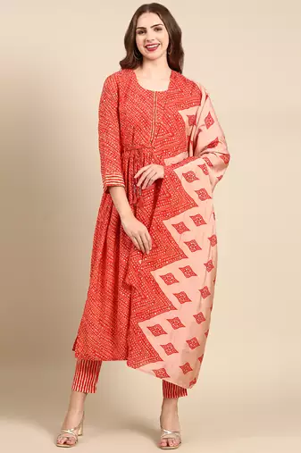 women's round neck bandhani orange anarkali kurta and trouser with dupatta