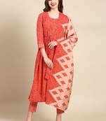 women's round neck bandhani orange anarkali kurta and trouser with dupatta