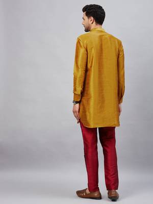 Mustard And Maroon Cotton Blend Kurta Pyjama Set 3