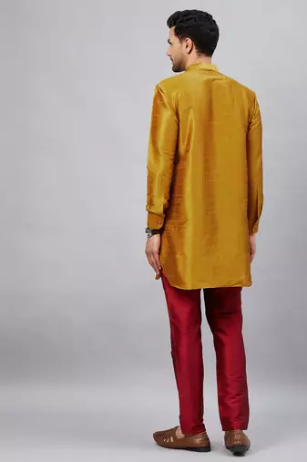 Mustard And Maroon Cotton Blend Kurta Pyjama Set
