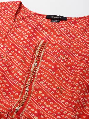 women's round neck bandhani orange anarkali kurta and trouser with dupatta 3